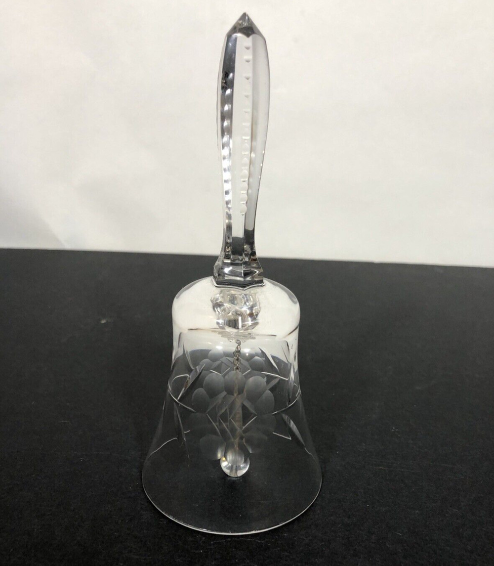 Etched Flower Crystal Glass Bell, Faceted Handle, Nice Sound Collectible